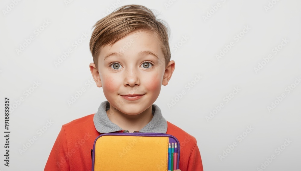 Obraz premium Young boy with pencil box on light backdrop