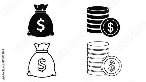 money bag and coin stack vector icon set flat design - Line and glyph icon set - Stickers and Clipart - PNG and SVG Icon collection - Lineal icons - Editable icon