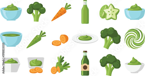 Vector illustration set of green vegetables broccoli carrots healthy dips and organic juices for vegan diet and nutrition concepts