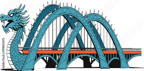Vászonkép Dragon Bridge in Da Nang Vietnam vector illustration featuring stylized blue dragon architecture and bridge arches for travel tourism marketing and landmark graphic design