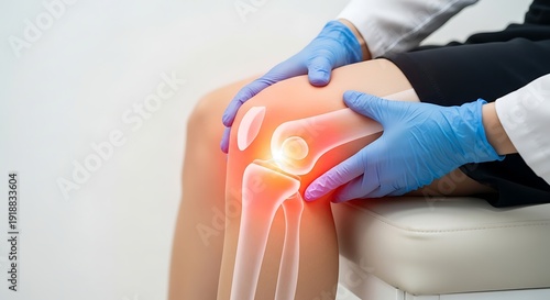 Medical specialist checking patient knee with highlighted bone structure and red inflammation zone