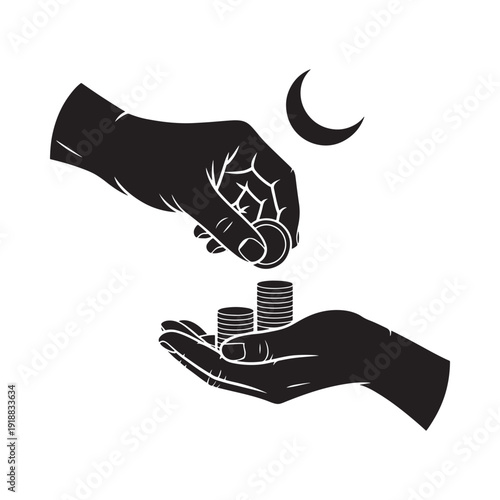 A dark silhouette depicts hands exchanging coins under a crescent moon