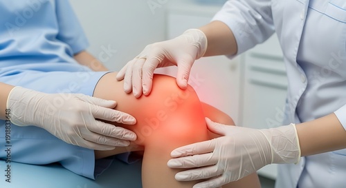 Healthcare professional examining woman painful knee with red glow area in clinic room