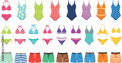 Vector illustration set of colorful swimwear including bikinis one-piece swimsuits and men's swim trunks for summer beach concepts।