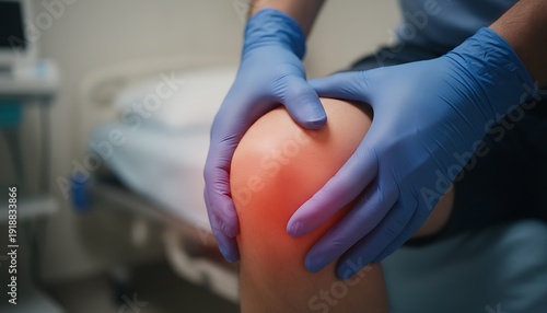 Physiotherapist Hands Checking Patient Knee Joint with Inflammation Glow