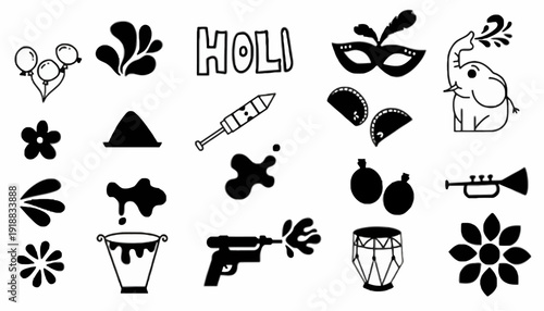 Vibrant Holi celebration icons set with flowers masks and musical instruments in a lively illustration