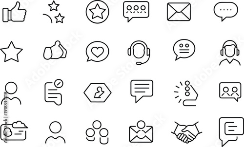 Customer feedback communication line icon set rating review chat support message profile contact social outline vector collection