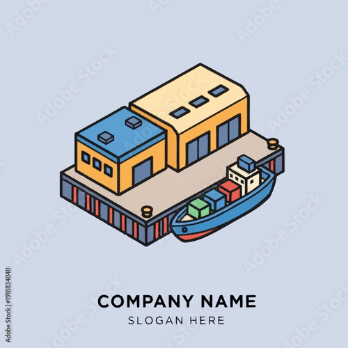 Cargo Ship at Industrial Dock with Warehouse.