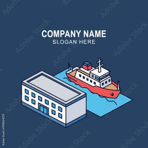 Isometric Illustration of Ship and Warehouse Building.