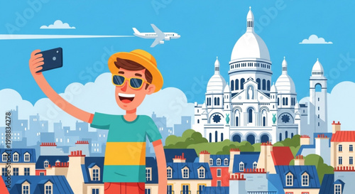 Young tourist taking selfie in paris with sacr cur basilica cityscape and airplane in background sunny day