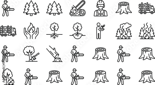 Logging forestry line icon set chainsaw lumberjack tree cutting deforestation wildfire wood industry outline vector collection
