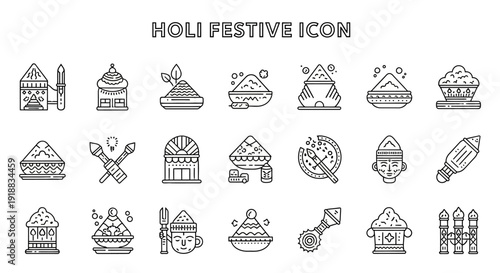 Collection of Holi festival icons featuring traditional elements and celebratory items in a simple line art style