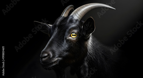 Close up portrait of a majestic black goat with long curved horns and yellow eyes against a dark background