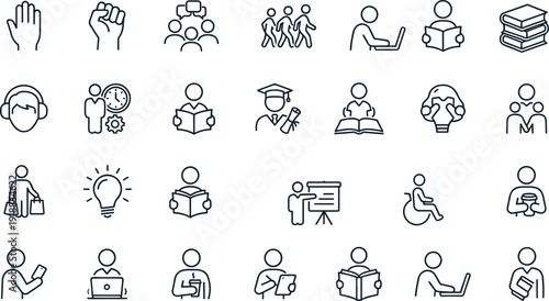 Education learning icons set, student study line art, academic knowledge symbols, modern outline vector collection isolated white background