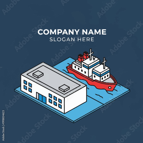Isometric Illustration of Tugboat and Warehouse.
