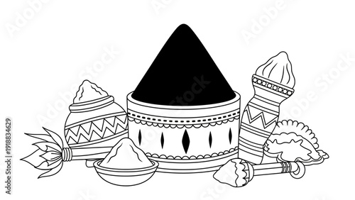 Traditional Indian architecture elements including a stupa, temple, and decorative motifs are illustrated in a detailed black and white line art style from a frontal viewpoint.