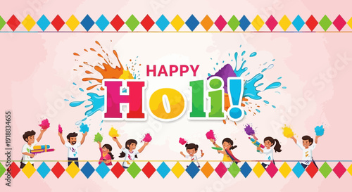 Joyful Holi Celebration with People Throwing Colored Powders in Vibrant Atmosphere