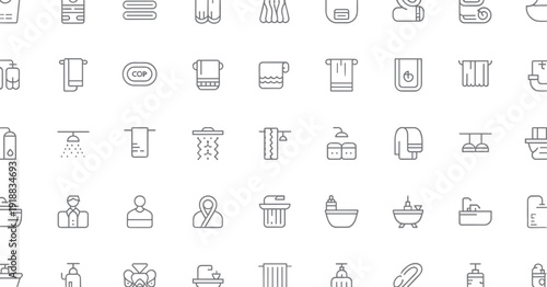 Modern bathroom line icon set, minimal hygiene and spa equipment collection, editable stroke flat vector illustration pack outline symbols design