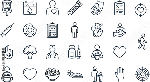 Healthcare medical line icon set hospital checkup medicine doctor nutrition heart fitness wellness outline vector collection