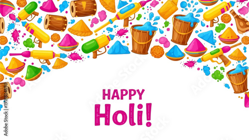 Vibrant Holi celebration with colorful powders and buckets surrounding a central greeting card with Happy Holi written on it