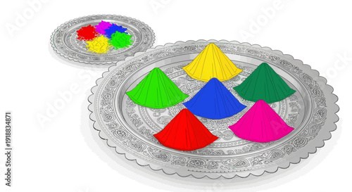 Vibrant colored powders arranged on decorative trays for Holi celebration