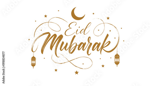 eid mubarak ornate golden hand lettered calligraphy script with decorative flourishes crescent moon stars and arabic lanterns on white background luxury islamic typography greeting design