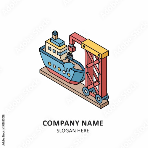 Isometric Illustration of a Blue Cargo Ship.