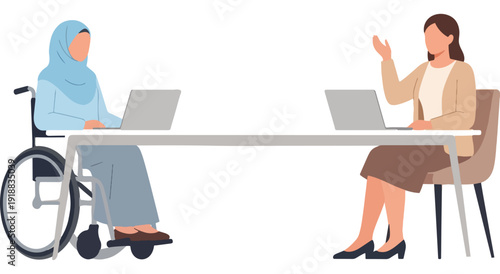 Inclusive team meeting with diverse participants using laptops Vector