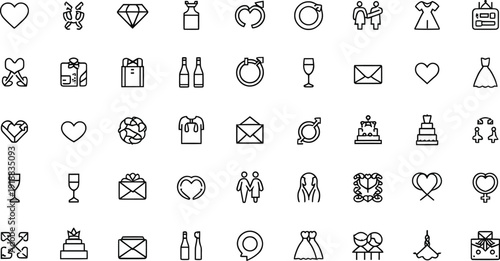 Collection of refined black line art icons representing various symbols associated with romance weddings engagements and romantic celebrations suitable for design projects