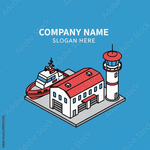 Isometric Illustration of Lighthouse and Building.