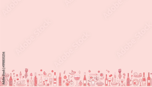 Delicate pink line art banner featuring various elements related to fine dining wine glasses culinary ingredients and sophisticated beverage service perfect for menus or elegant invitations