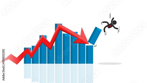 Businessman falling from a broken bar chart with a red arrow pointing down