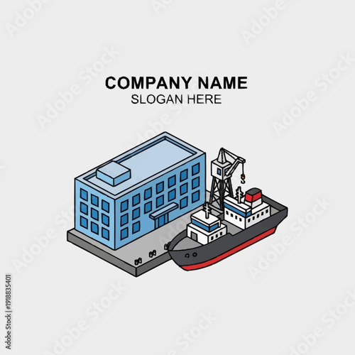 Isometric Illustration of Industrial Building and Ship.