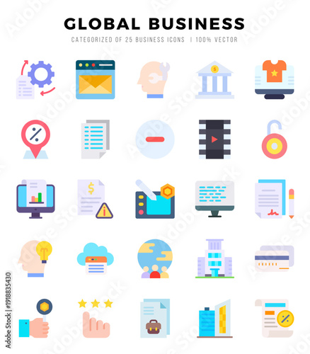 Global Business Icons Pack. Flat icons set. Flat icon collection set. Simple vector icons.