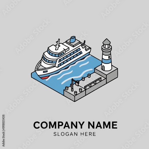 Cruise Ship Docked Near Lighthouse Illustration.