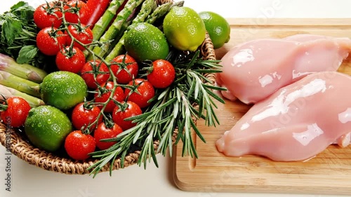 Fresh ingredients for a healthy meal: raw chicken breasts alongside vegetables and fruit ready to cook
