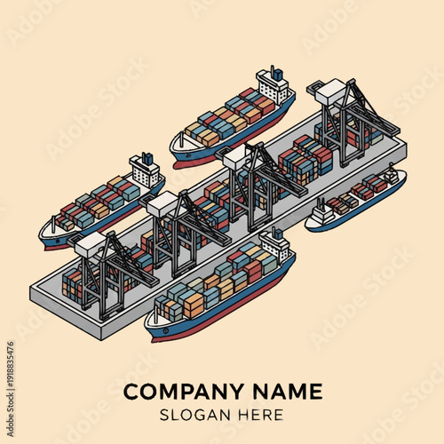 Cargo Ships at Industrial Dock with Cranes.
