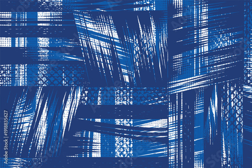 Intricate Japanese-inspired background featuring a layered indigo weaving texture. Hand-drawn with bold cross-hatching, sashiko-style patterns, and rustic woodblock-style etching.