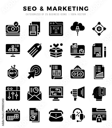 SEO & Marketing Icon Pack 25 Vector Symbols for Web Design.