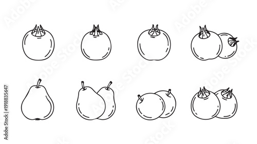 Hand Drawn Fruit Icons: Pears Pomegranates Blueberries Line Art Collection