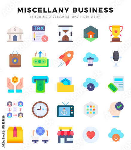 Set of 25 Miscellany Business Flat Icons Pack.