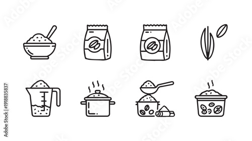 Ingredients and Cooking Icons: Rice Beans Grains and Utensils Line Art