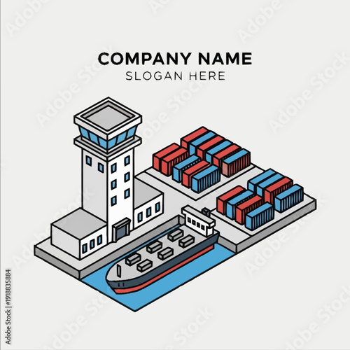 Isometric Illustration of Shipping Yard with Containers.