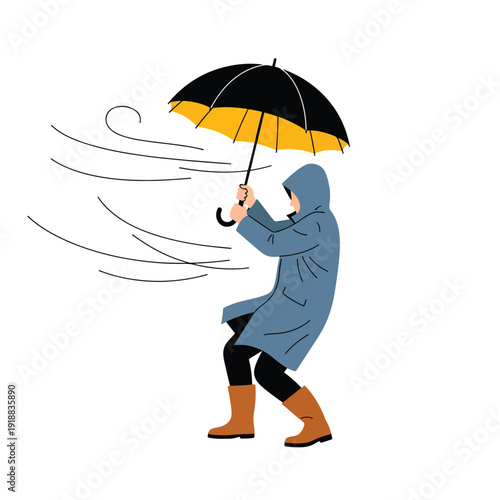 Person in raincoat and boots struggles to hold umbrella against strong winds outdoors, vector illustration of challenging weather conditions.