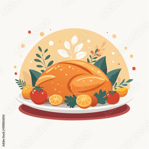 A delicious roasted chicken centerpiece with vibrant garnishes and festive autumn decor