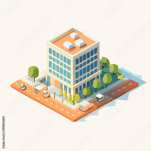 Isometric city block illustration featuring a modern office building, urban landscape, and minimalist vehicles