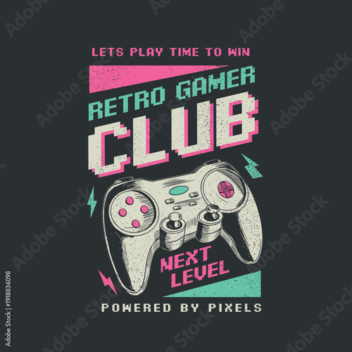Retro Gamer Club Gamepad joystick vector illustration with slogan for t shirt print