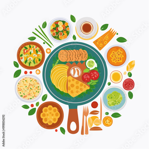 A bountiful and diverse selection of freshly prepared dishes, artfully arranged in a circular composition for a delightful meal