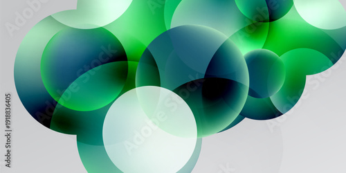 Abstract bubbles overlap, creating vibrant green, blue hues. Soft gradients suggest depth, light interplay. Minimalist design, modern aesthetic.