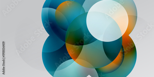 Abstract composition. Overlapping translucent circles create vibrant color blends, soft gradients, modern design. Minimalist aesthetic.